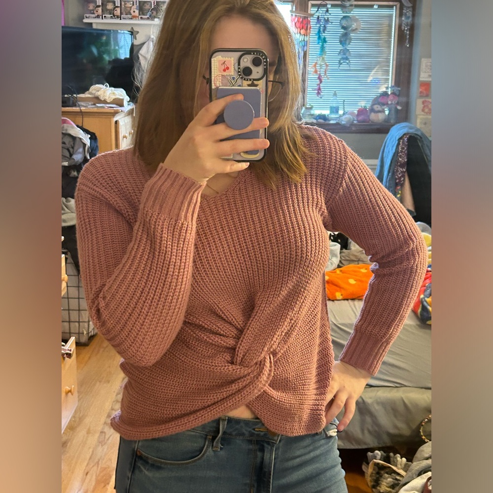 Full Circle Trends Rose Pink Front Knot Sweater Women’s Large